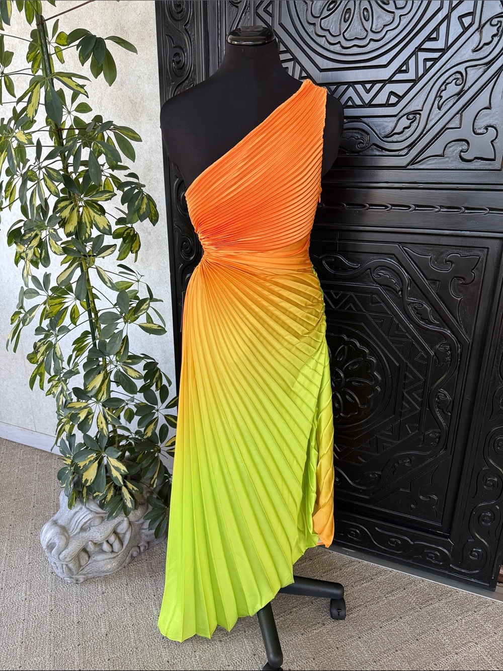 One-Shoulder Gradient Pleated Dress in Orange and Lime